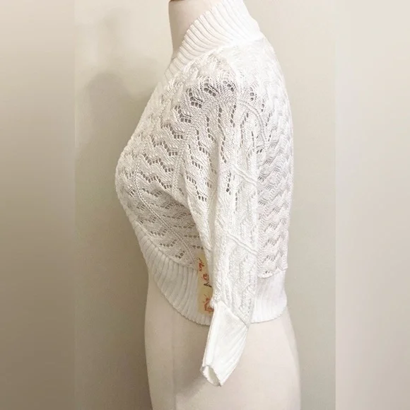 Derek Heart Vintage White Crochet Open Knit Long Sleeve Cropped Cardigan Size L - Picture 8 of 12